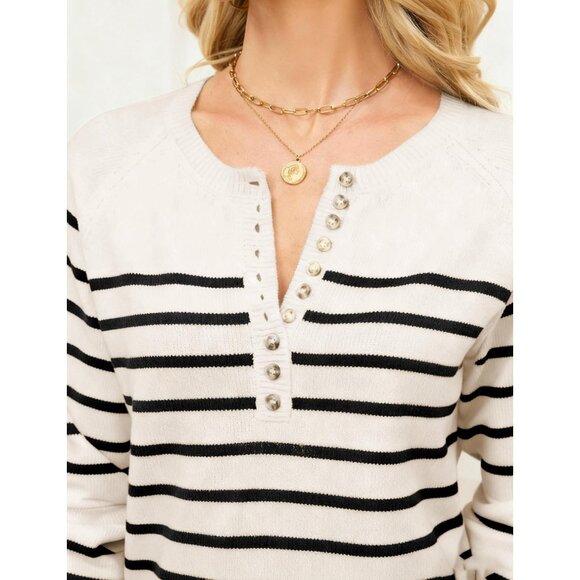 Women's Color Block Striped Sweater Button Up Crewneck Knit Top Small - Picture 6 of 7